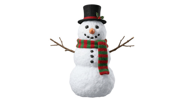 Classic snowman wearing hat and scarf isolated on transparent background png winter seasonal character.