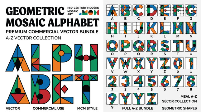 Geometric mosaic alphabet vector bundle, mid-century modern font collection, colorful A-Z letters and numbers set for branding and graphic design