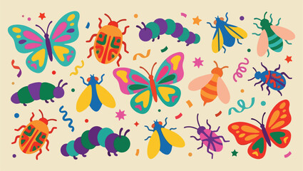 Naklejka premium Colorful insect life, butterfly beetle icons, nature fauna symbols, crawling bug pattern, caterpillar bee elements, vibrant meadow graphics, wild creature design, garden bug motifs insects, bug, butte
