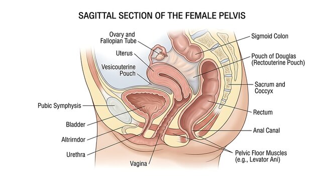 Anatomical sagittal section of the female pelvis showing reproductive and digestive organs