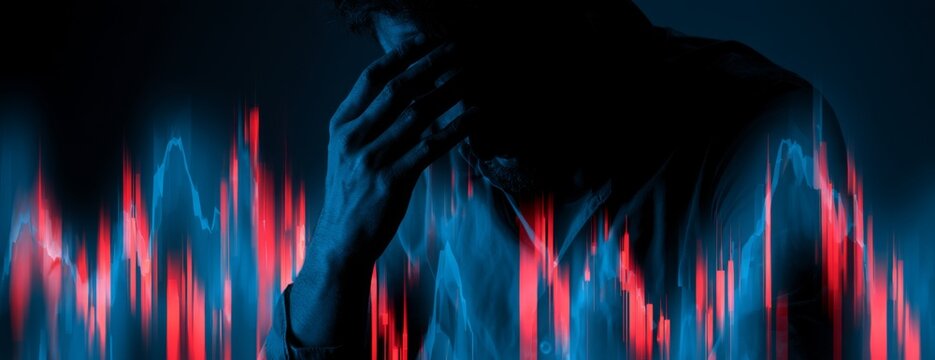 Businessman feeling stressed while holding his head near stock chart  