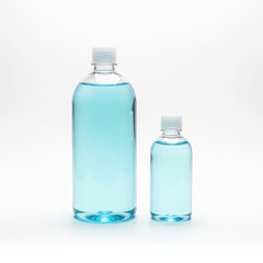 Naklejka premium Two clear plastic bottles with blue liquid isolated on white background
