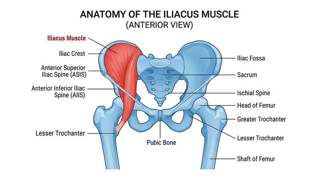 Anatomy of the iliacus muscle, anterior view medical diagram