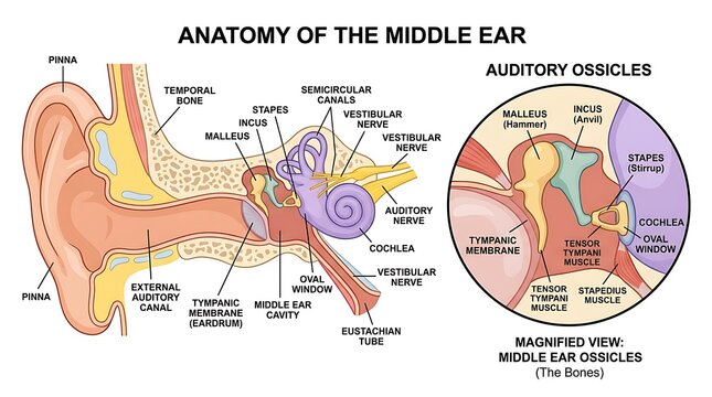 Anatomy of the middle ear and auditory ossicles with magnified view of internal bone structures