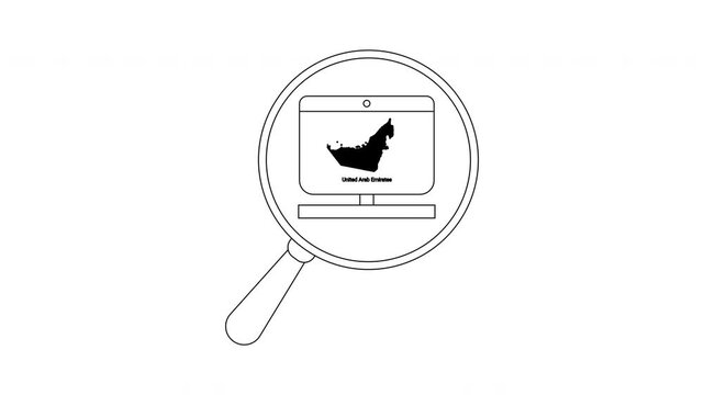 Magnifying Glass Over UAE Map on Computer Screen Line Art.