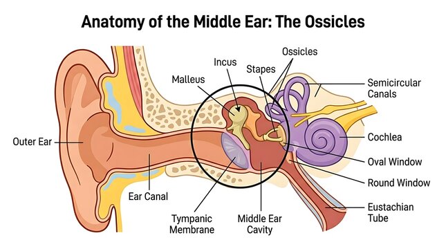 Anatomy of the middle ear and ossicles showing internal structures and auditory canal view