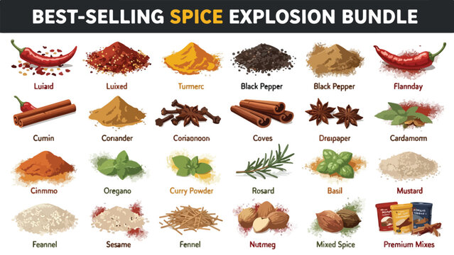 Spice Explosion Bundle with 24 culinary herb and spice icons, organic seasoning powder heaps and dried condiments, vector kitchen ingredients set