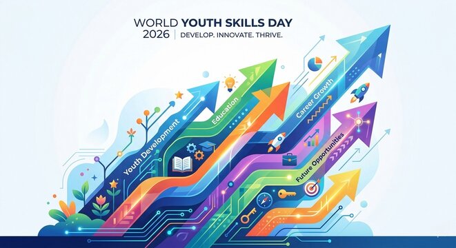 World Youth Skills Day 2026 concept illustration of planet earth with education and technology icons