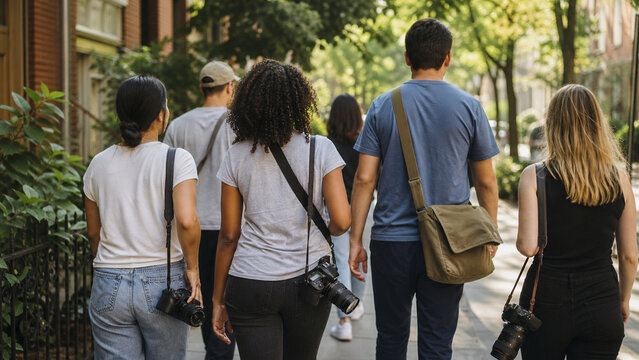 Diverse group of people with cameras walking together along a leafy city sidewalk during a casual photography outing.