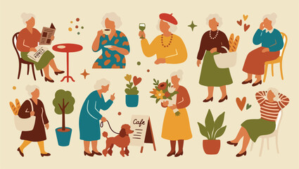 Fototapeta premium Elderly lifestyle activities, happy senior citizens, retirement age hobbies, aging with joy, active older people, garden plants hobby, vintage grandmother pattern, peaceful golden years seniors, elder