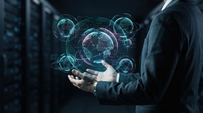 Man in suit holding holographic globe and network nodes in server room, representing global connectivity, cloud computing