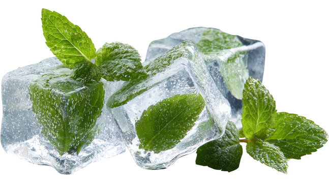 frozen mint ice cubes for drinks, cocktail, mojito, mocktail for refreshing cold drinks ice cubes with mint PNG on Transparent background
