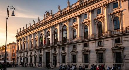 Obraz premium Grand classical architecture building with ornate facade during golden hour at sunset
