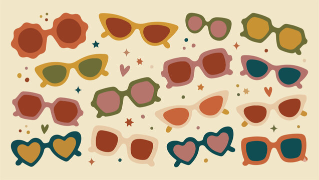Stylish sunglasses collection, trendy summer eyewear, colorful fashion glasses, sun protection accessories, retro eyewear pattern, beach lifestyle icons, summer vacation style, modern optical design
e
