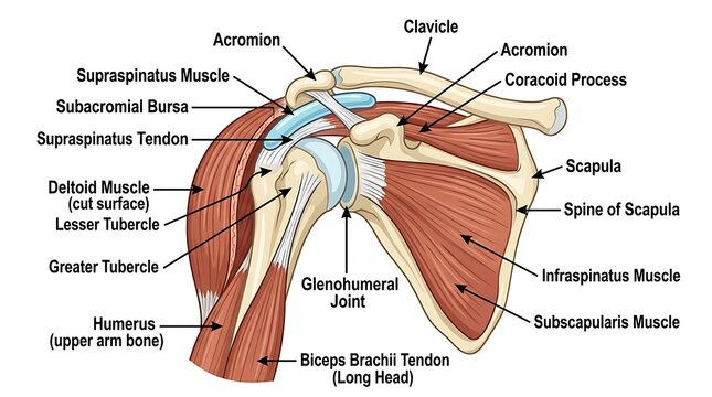 Detailed anatomy of human shoulder joint and muscles