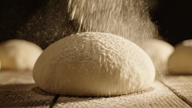 Fresh Bakery Preparation sifting white flour over raw yeast dough on a rustic wooden table ideal for culinary tutorials and food industry marketing.