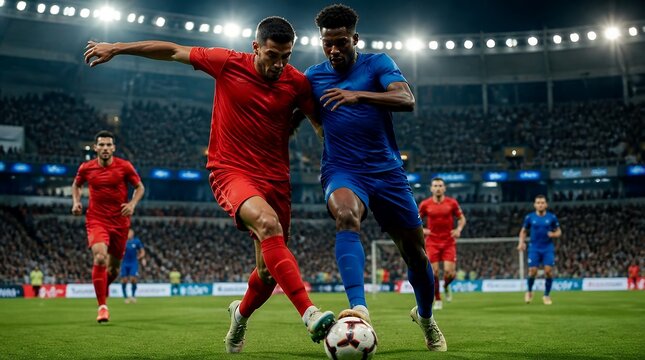 Two Male Soccer Players Competing for the Ball on a Green Field in a Stadium