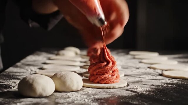 Professional Pastry Chef Squeezing Pink Cream Filling onto Dough Circles with a Piping Bag, ideal for culinary tutorials and bakery advertisements.