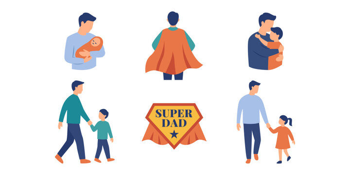 Illustrations of Fathers with Children and Super Dad Emblem for Father's Day Celebration