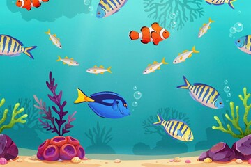 Fototapeta premium Underwater scene with colorful tropical fish, clownfish, blue tang, and coral reef plants on a sandy ocean floor with bubbles in blue water