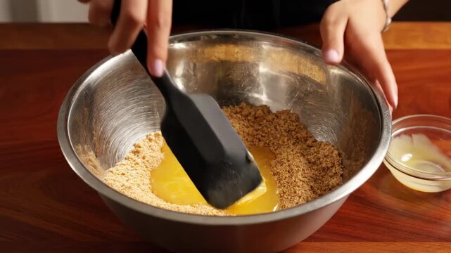 Professional Baking Process pouring melted butter into crushed biscuit crumbs in a metal bowl ideal for culinary tutorials, recipe blogs, and food industry advertisements.