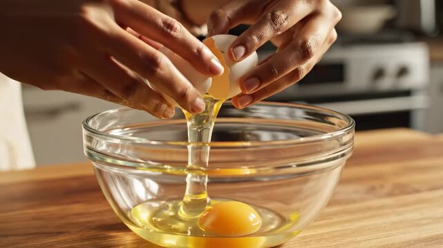 Chef Hands Cracking Fresh Egg into a clear glass bowl on a wooden kitchen counter ideal for cooking tutorials, baking blogs, and healthy breakfast recipe videos.
