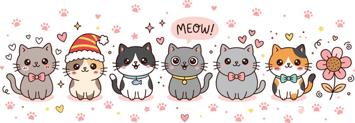 Cute kawaii cat characters set featuring funny kittens with santa hat bow ties speech bubble and pink paw prints border isolated on white background © Kuddus
