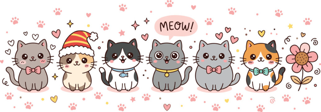Cute kawaii cat characters set featuring funny kittens with santa hat bow ties speech bubble and pink paw prints border isolated on white background