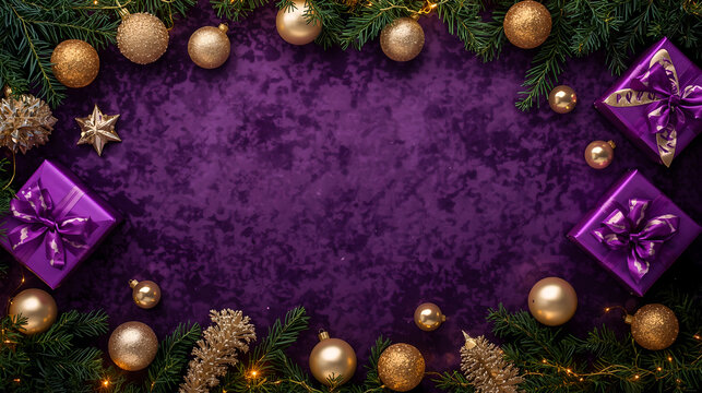 Premium Christmas background with purple velvet texture golden ornaments and gift boxes wrapped in satin ribbons