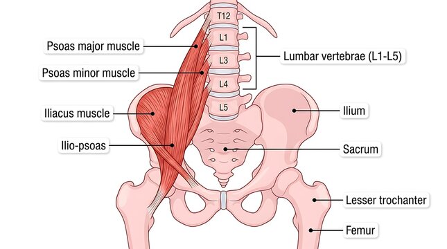 Human pelvic anatomy showing psoas major, psoas minor, and iliacus muscles with labels