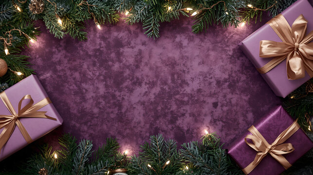 Elegant Christmas background with lilac gift boxes, gold ribbons, pine needles, fairy lights, and copy space on purple textured background.