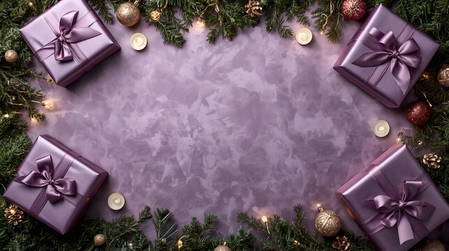 Beautiful Christmas background with purple gift boxes, satin bows, pine needles, golden ornaments, and small candles on lilac textured background.
