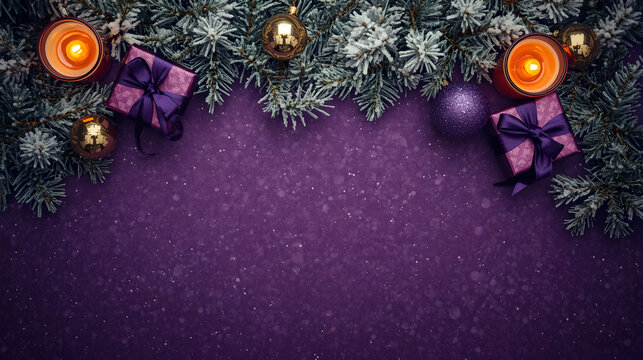 Magical Christmas background with purple gift boxes, frosted pine branches, purple ornaments, and glowing candles on purple glitter texture.
