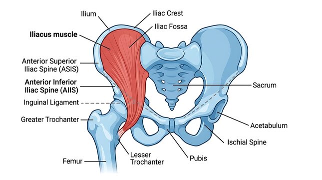 Iliacus muscle anatomy diagram with inguinal ligament labels