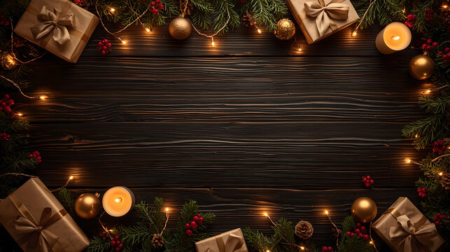 Rustic Christmas background on dark wooden board with kraft paper gifts candles and pine branches with red berries