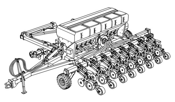 Isometric vector illustration of modern precision seed drill planter agricultural machinery isolated on white background