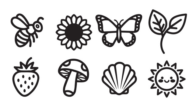 Cute doodle icons set with bee sunflower butterfly strawberry mushroom shell sun and leaves on white background