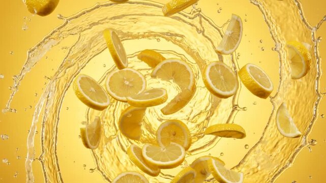Slow motion fresh lemon slices rotating in yellow liquid splash, citrus juice swirl, vibrant yellow background, dynamic droplets, refreshing concept, 4K video