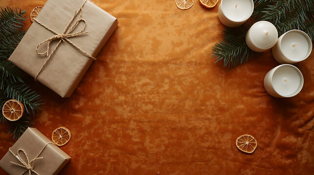 Minimalist Christmas background with craft paper gifts, white pillar candles, pine branches, and dried orange slices on orange velvet texture.