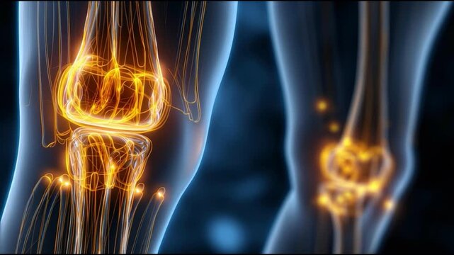 Knee joint pain medical illustration with glowing leg anatomy xray, inflammation in human leg and bone arthritis injury on dark blue background