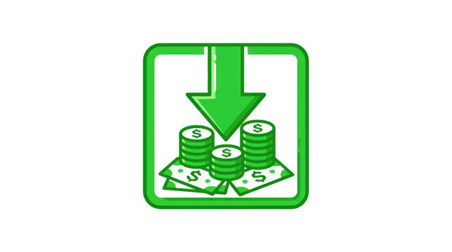 Financial decline icon with green arrow pointing down to money