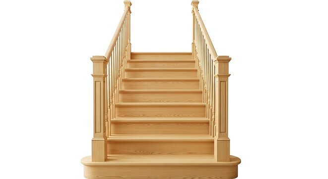 Wooden staircase with railings isolated on white background