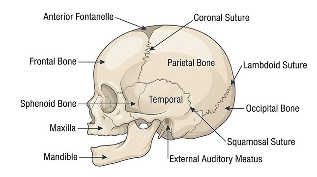 Lateral view of infant skull anatomy with labeled bone structures