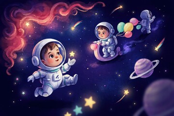 Naklejka premium Whimsical of cute babies in astronaut suits floating in space with colorful balloons, planets, and stars on a dark background