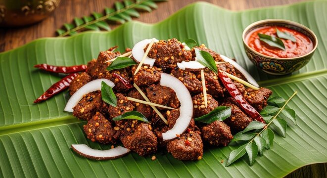 Spicy Indian meat fry with coconut on banana leaf