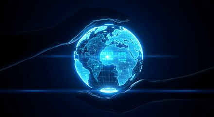 Fototapeta premium Digital globe glowing in hands representing global connection and care