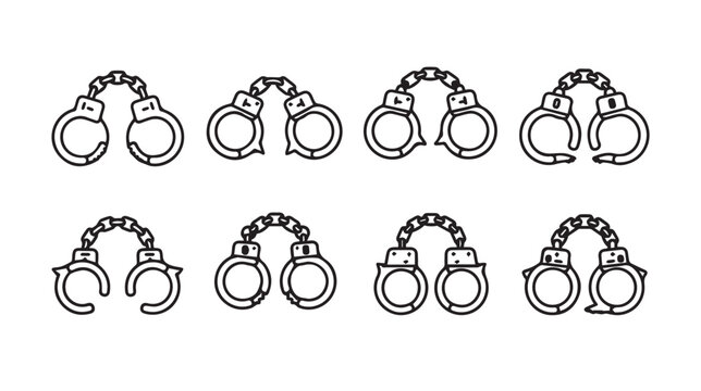 Eight Handcuff Icons in a Row with Subtle Variations and Clean Outline Style