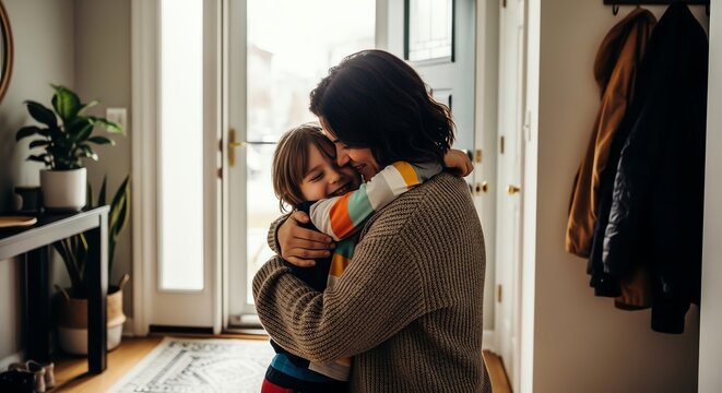 Mother hugs smiling child near doorway with coats on rack