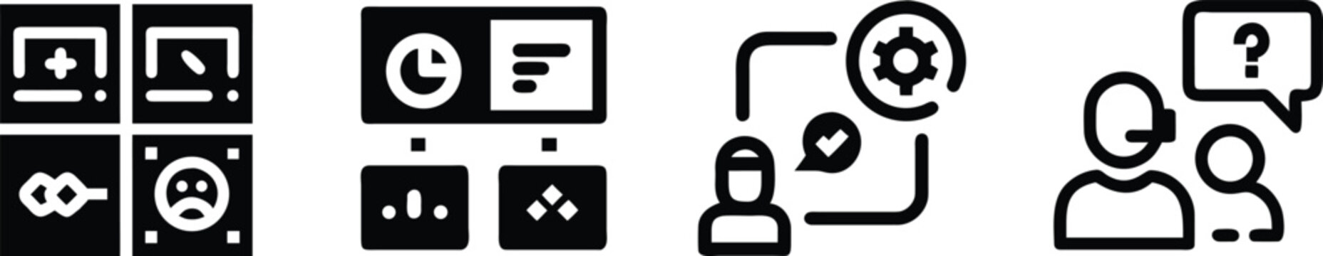 Four black and white featuring computer screen settings, pie chart data analysis, technical support, and customer service help