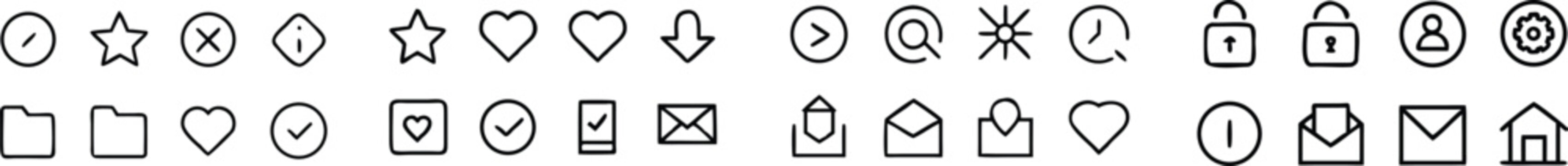 A large collection of thin line black and white featuring various interface symbols like hearts, stars, folders, and mail
